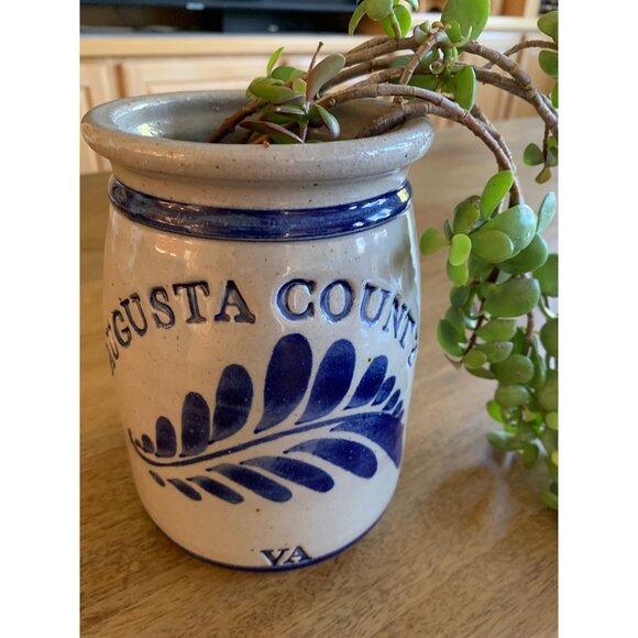 VTG 80s Stoneware Crock Augusta County VA4" Dia x6" High planter utensil